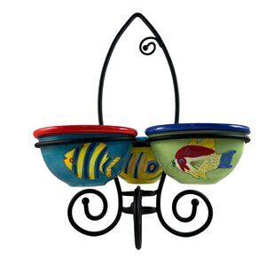 Fish Ceramic Condiment Sauce Holders Metal Fish Shaped Tidbit Caddy